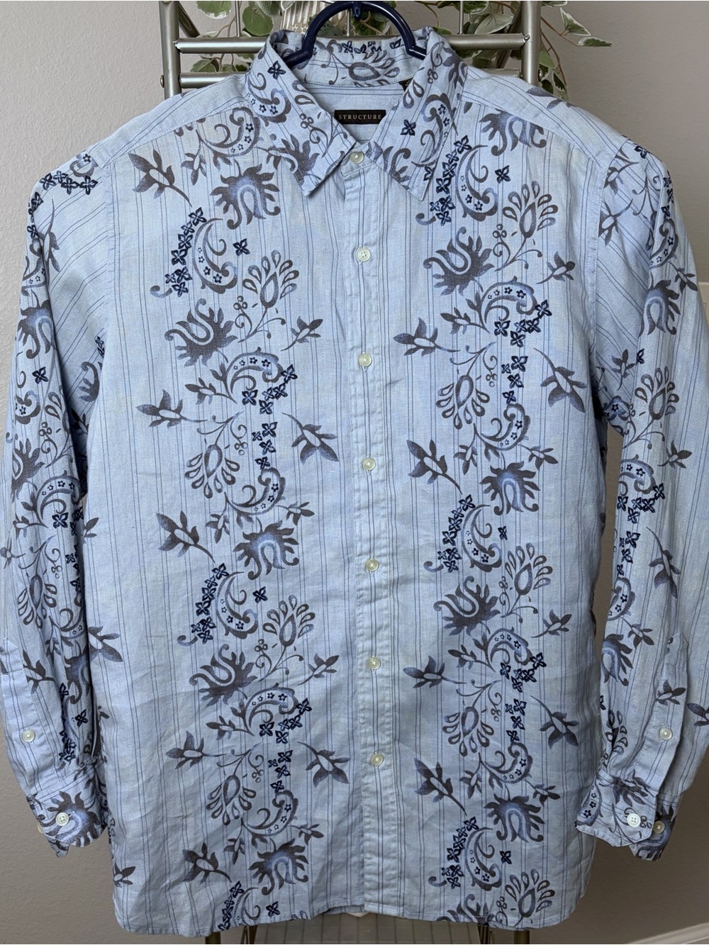 Paisley Floral Long Sleeve Button Up 100% Linen Mens M Powder Blue Luxury